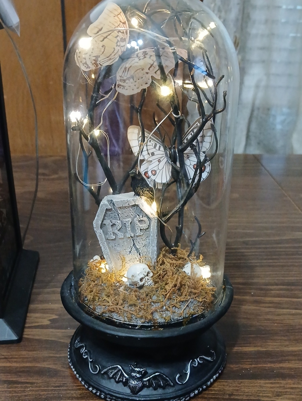 Gothic RIP Tombstone Glass Dome Lantern with Warm String Lights - Black